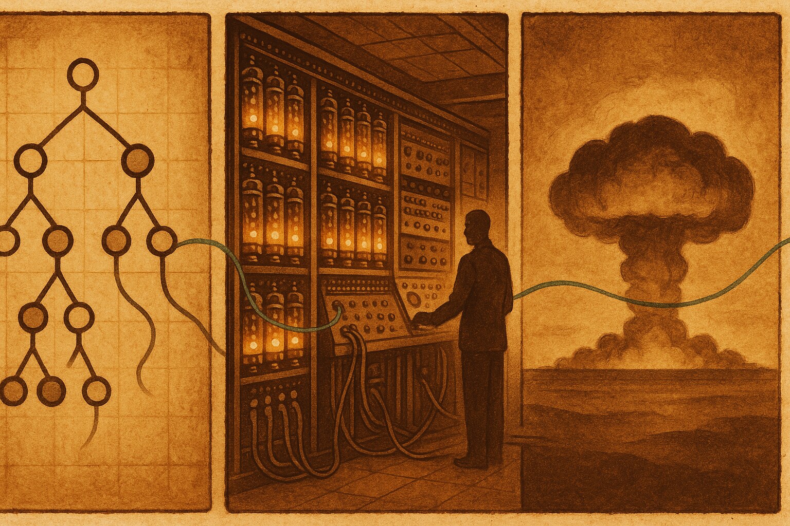 Retro vintage triptych: a 1940s strategy game tree, a room-sized vacuum-tube computer, and a somber distant atomic cloud — three inventions linked by one mind