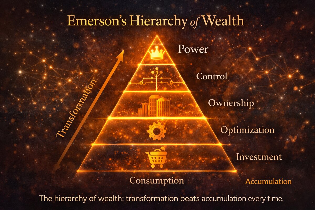 Emerson's hierarchy of wealth transformation from consumption to power