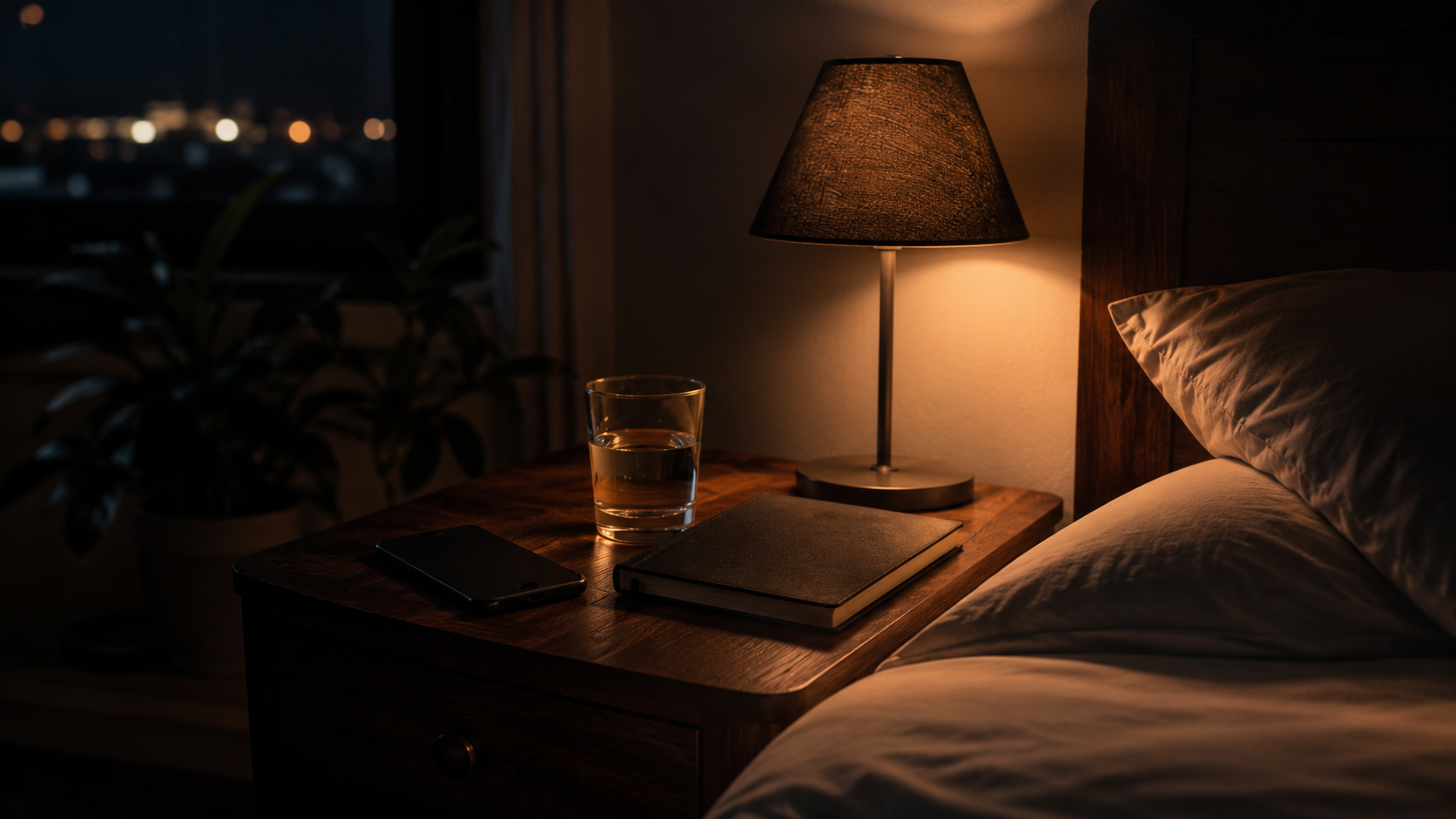 A quiet bedside table at night — phone down, lamp on, mind at rest