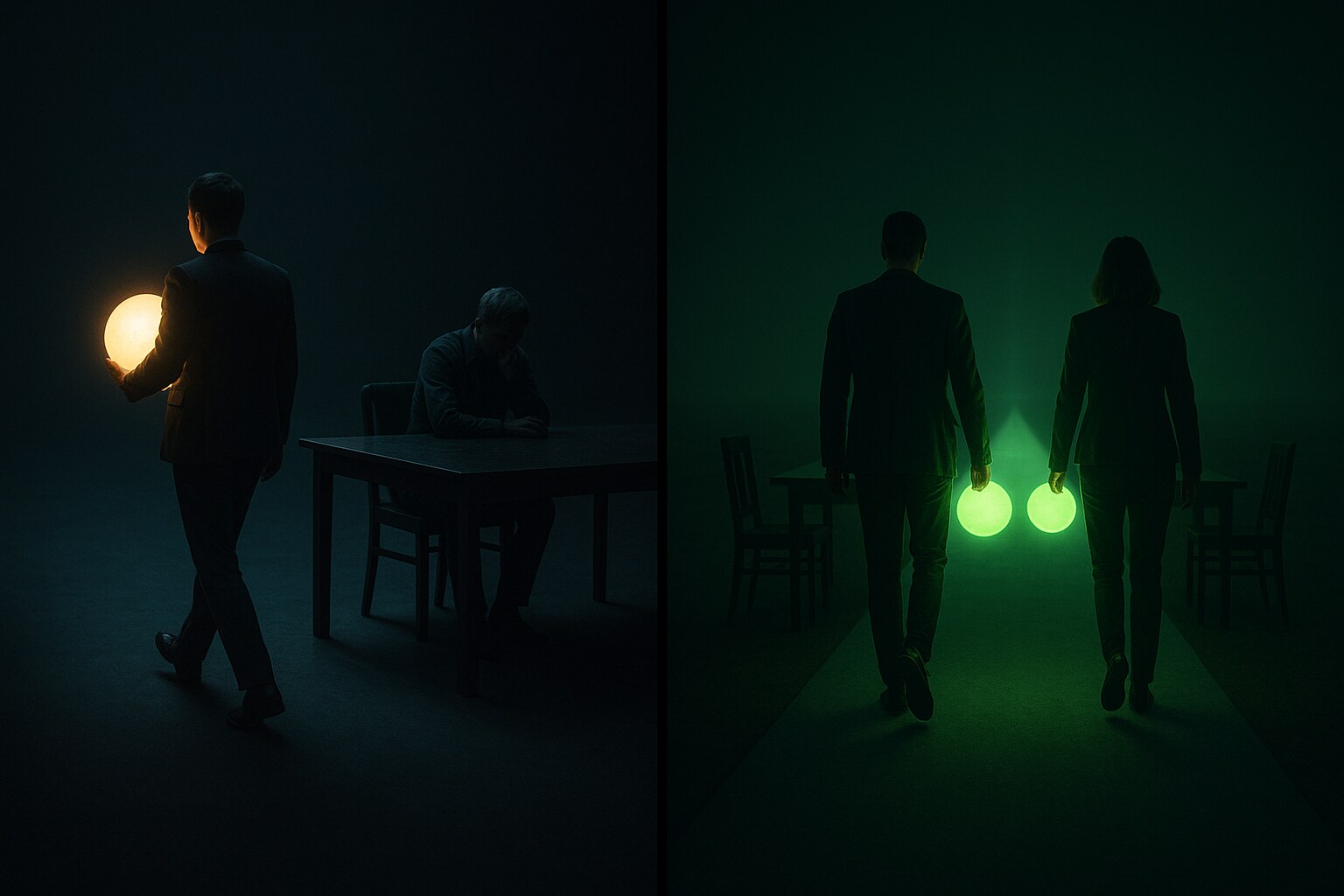 Split image: one figure leaving a table with a prize as the other sits diminished, versus two figures walking away together each carrying a share down a bright road