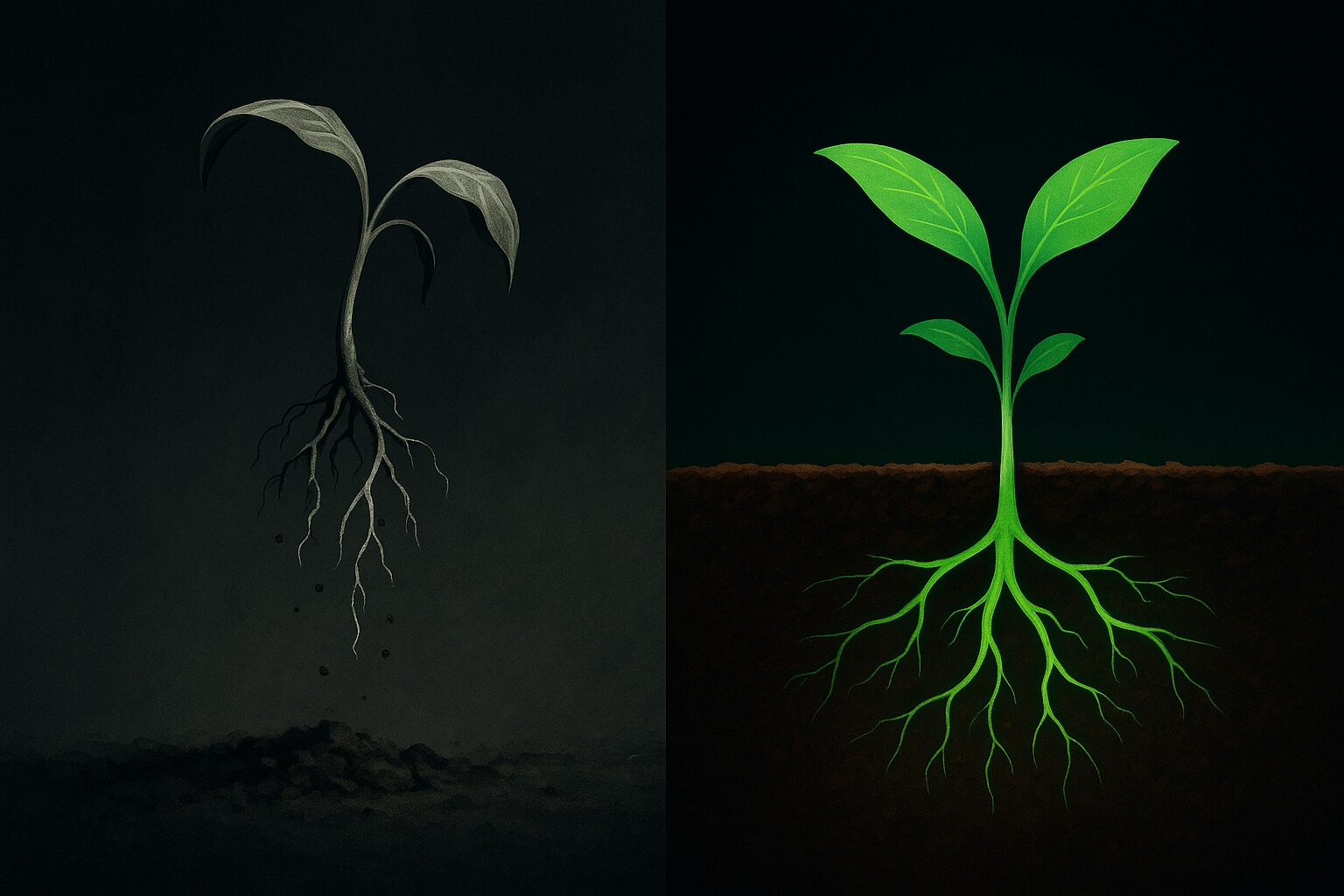 A sprout torn out of the soil with bare roots, wilting, versus the same sprout left in the ground thriving green with deep roots