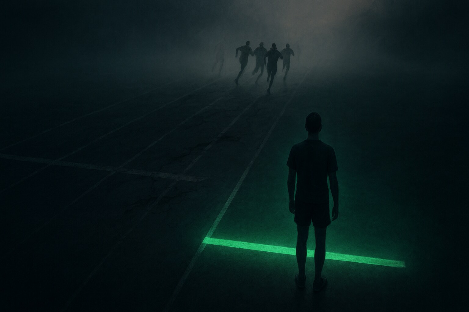 Runners sprinting ahead on a cracked, dying track while one calm figure stands on a fresh glowing green starting line