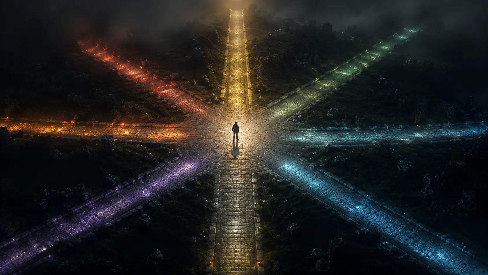 Seven illuminated paths stretching from a single starting point, representing the many business models available with zero capital